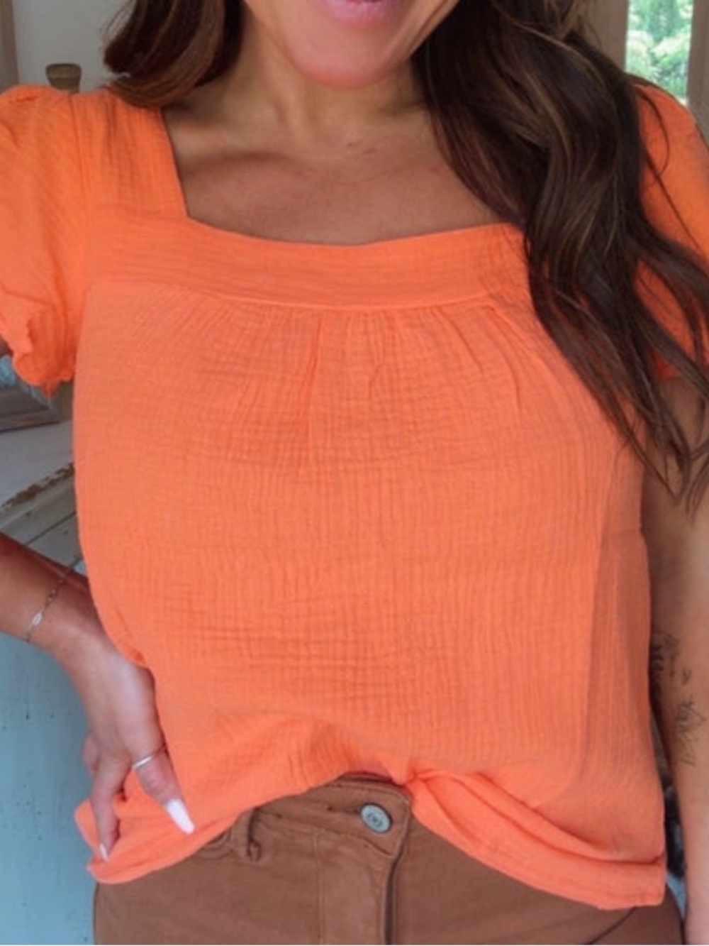 Orange Square-Neck Textured Women's Top by Cozy Co
